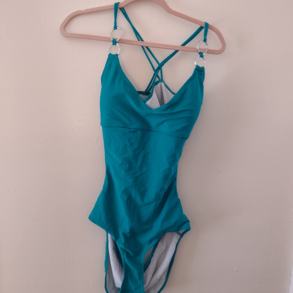 Sand & Sund Teal One Piece Open Back Swimsuit NEW Size L 12-14